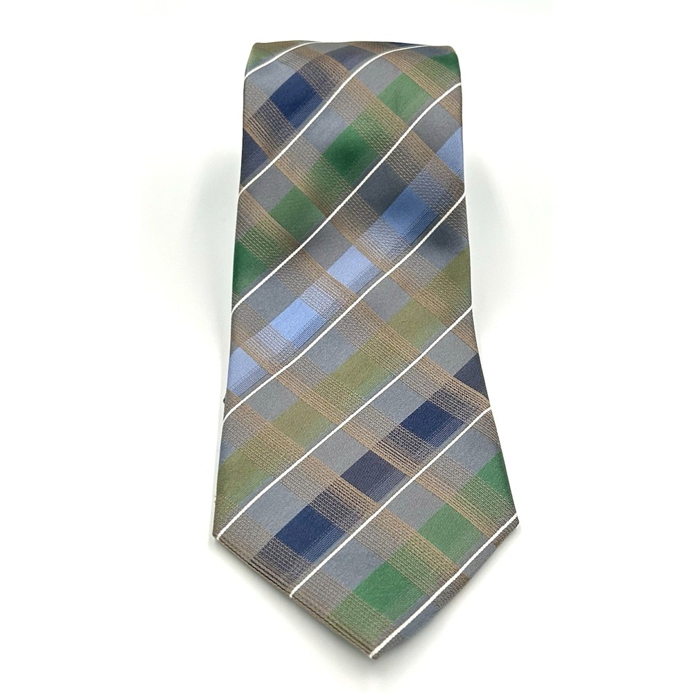 Kenneth Cole Reaction 100% Silk Men's Neck‎ Tie Blue Green Plaid 3.25W 58L